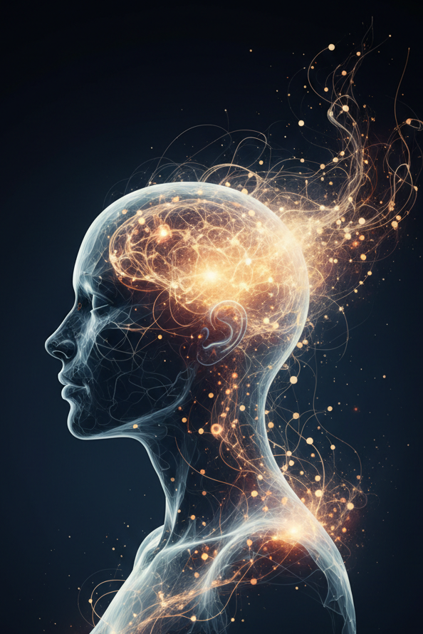 Digital art of a human head and upper torso in profile, rendered in glowing translucent blue-white tones with brilliant orange and gold light bursts emanating from the brain and spreading across the shoulders and chest, set against a dark navy background.